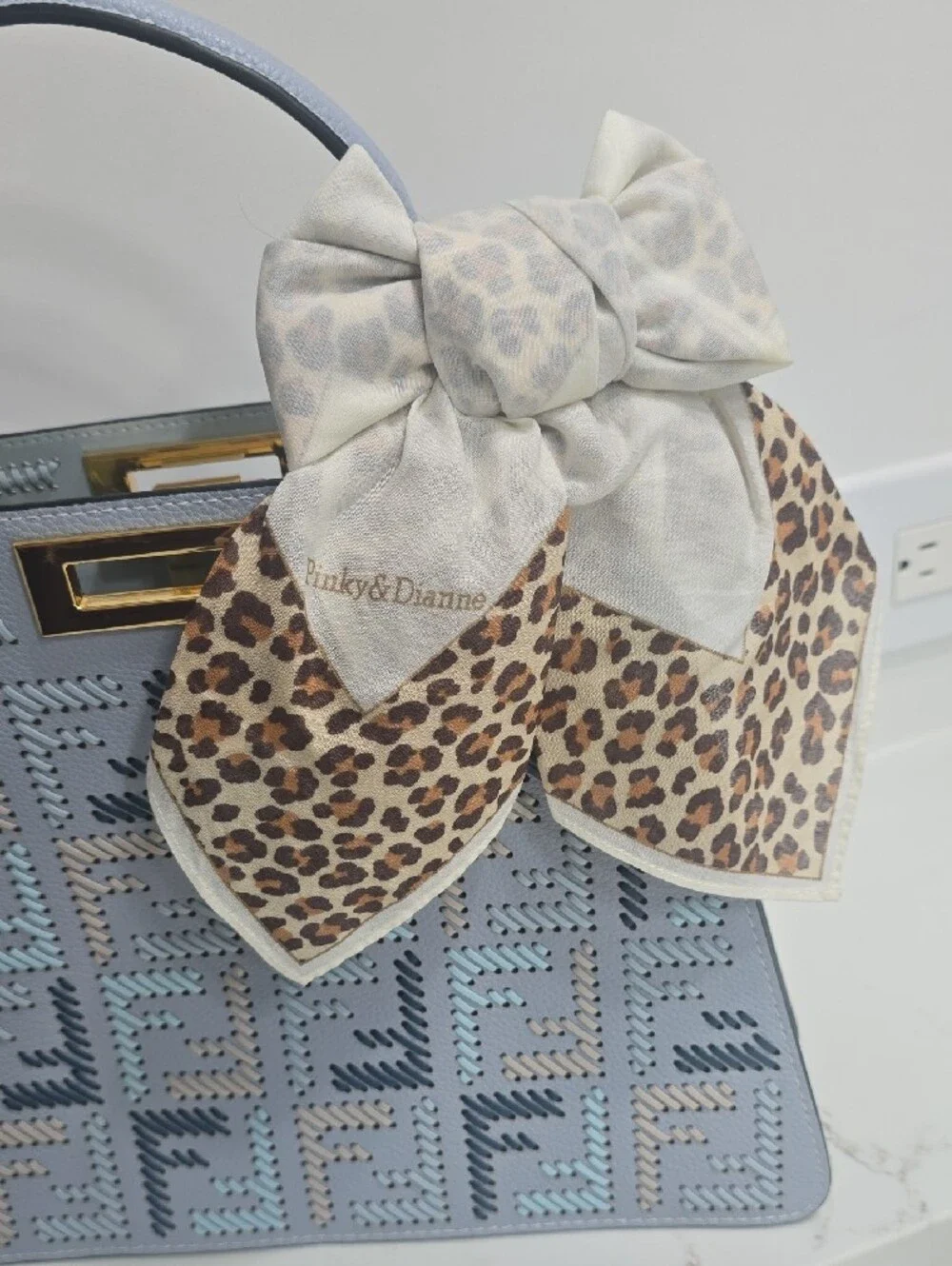 Leopard Print Bow Scarf - Cream and Brown
